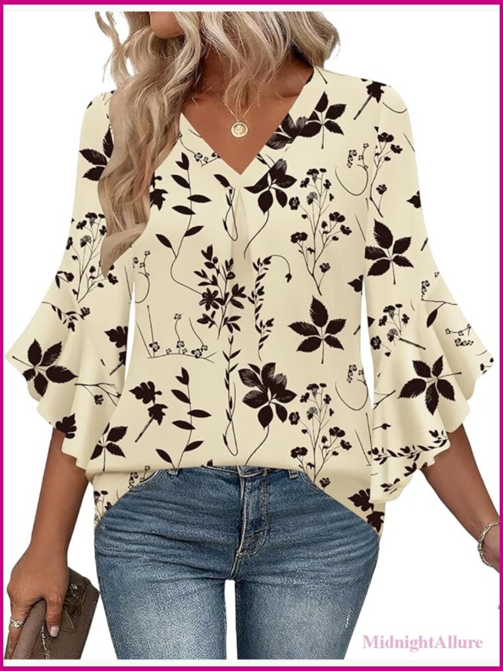 3/4 Sleeve V Neck Pleated Blouse Tunic Top Loose Fit Work Shirt